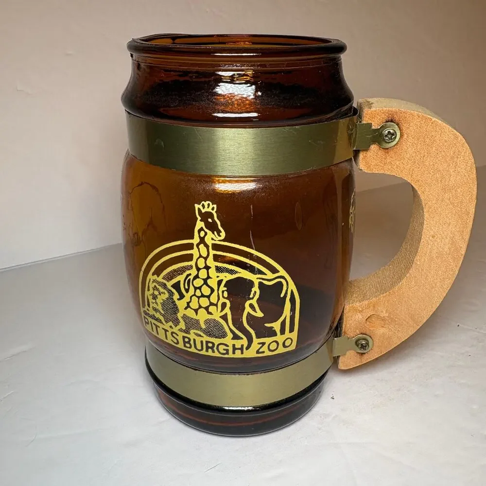 Vintage Pittsburgh Zoon Souvenir Brown Glass Barrel Mug Wood Handle
